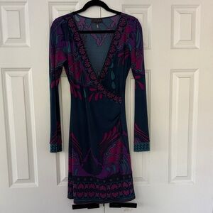 Hale Bob Teal and Pink Purple Teal Long Sleeve Dress XS Bell Sleeves